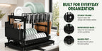 2-Tier Dish Drying Rack with Drainboard – Black Metal Two-Level Dish Drainer with Drainage for Kitchen Counter, Standing Dish Holder Organizer Shelf for Plates, Cups & Utensils