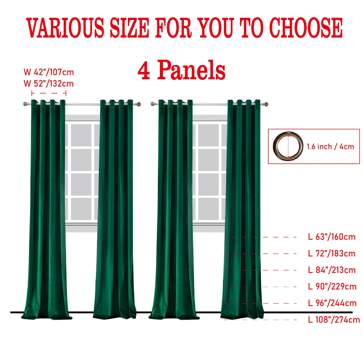 Blackout Velvet Curtains 4 Panels - Thermal Insulated Grommet Drapes, Noise Reducing Soft Window Curtains for Living Room Bedroom, Multiple Sizes & Colors