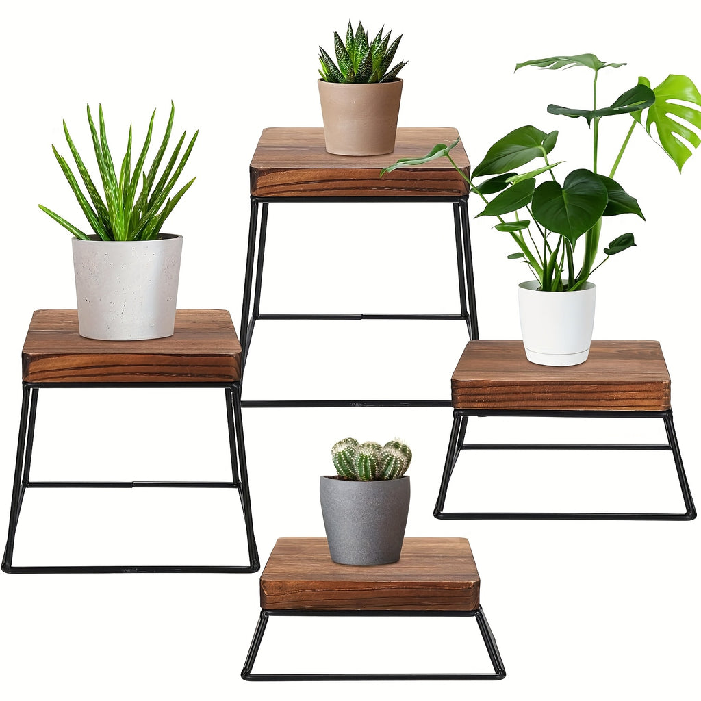 Set of 4 Square Wooden Cake Stands with Metal Wire Bases – Dessert Display Stands for Cupcakes, Appetizers & Party Serving