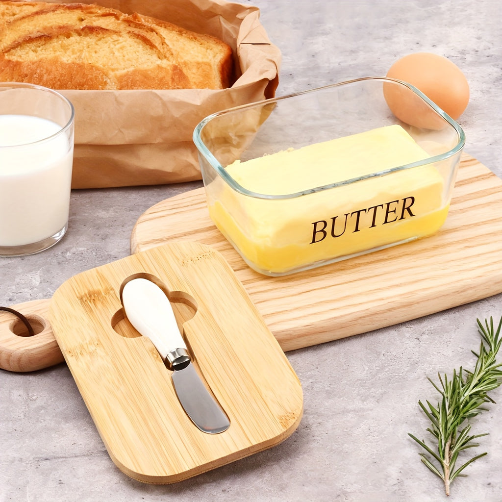 Glass Butter Dish with Lid & Knife, Large 1lb Capacity Butter Keeper with Airtight Seal for Countertop & Refrigerator Shelf, Clear Butter Container for Kitchen Decor, Great Housewarming Gift