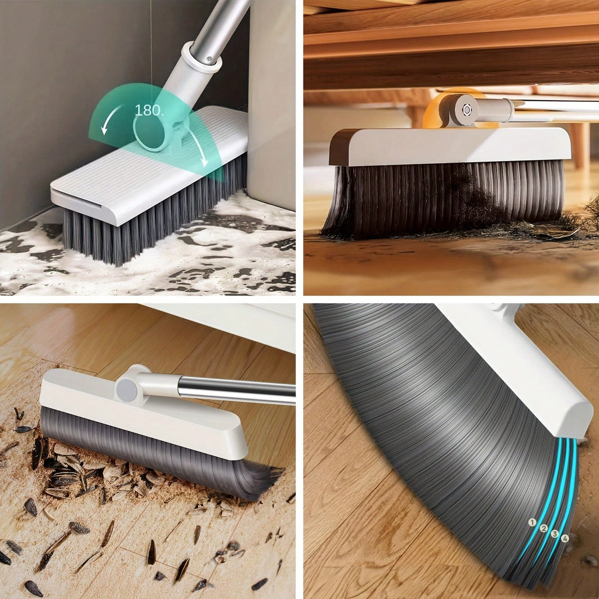 3-in-1 Broom, Dustpan & Floor Brush Combo Set with Trash Bag Roll – Compact Household Cleaning Kit for Kitchen, Bathroom, Living Room, Patio & Outdoor Use, White