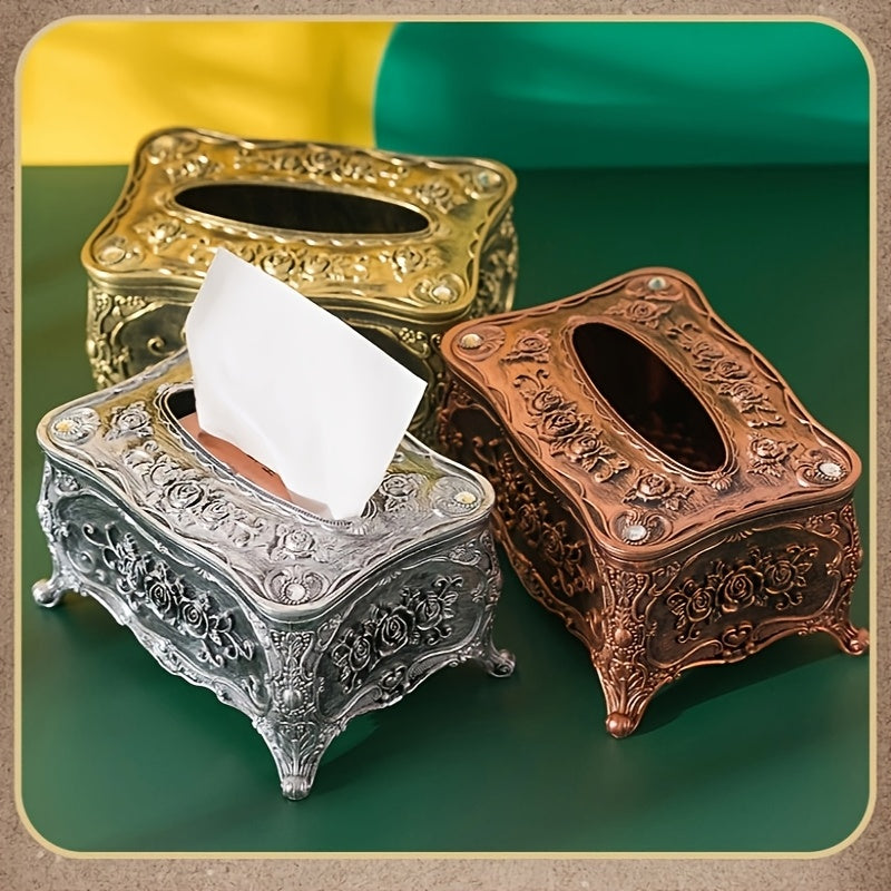 European Retro Luxury Tissue Box Cover | Decorative Antique-Style Facial Tissue Holder for Living Room, Bathroom & Restaurant | Antique Gold, Silver or Vintage Red