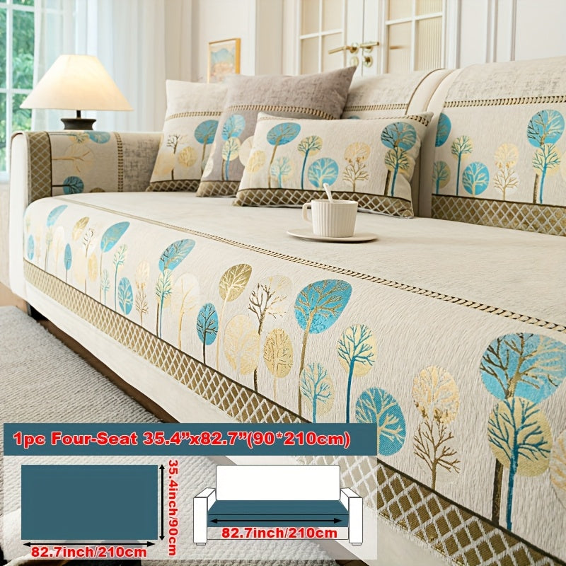 Bohemian Embroidered Sofa Cushion Cover Geometric Tree Leaf Design Pet Friendly Elegant Blue Gold for Living Room Bedroom Office All Sofa Sizes
