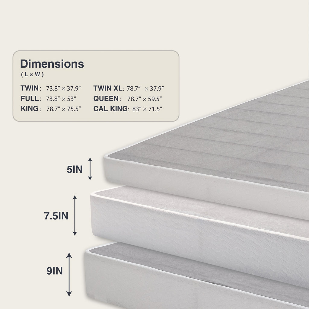 Box Spring Foundation | 5", 7.5" & 9" High Profile Strong Metal Frame, Quiet Noise-Free, Easy Assembly – Twin, Full, Queen, King