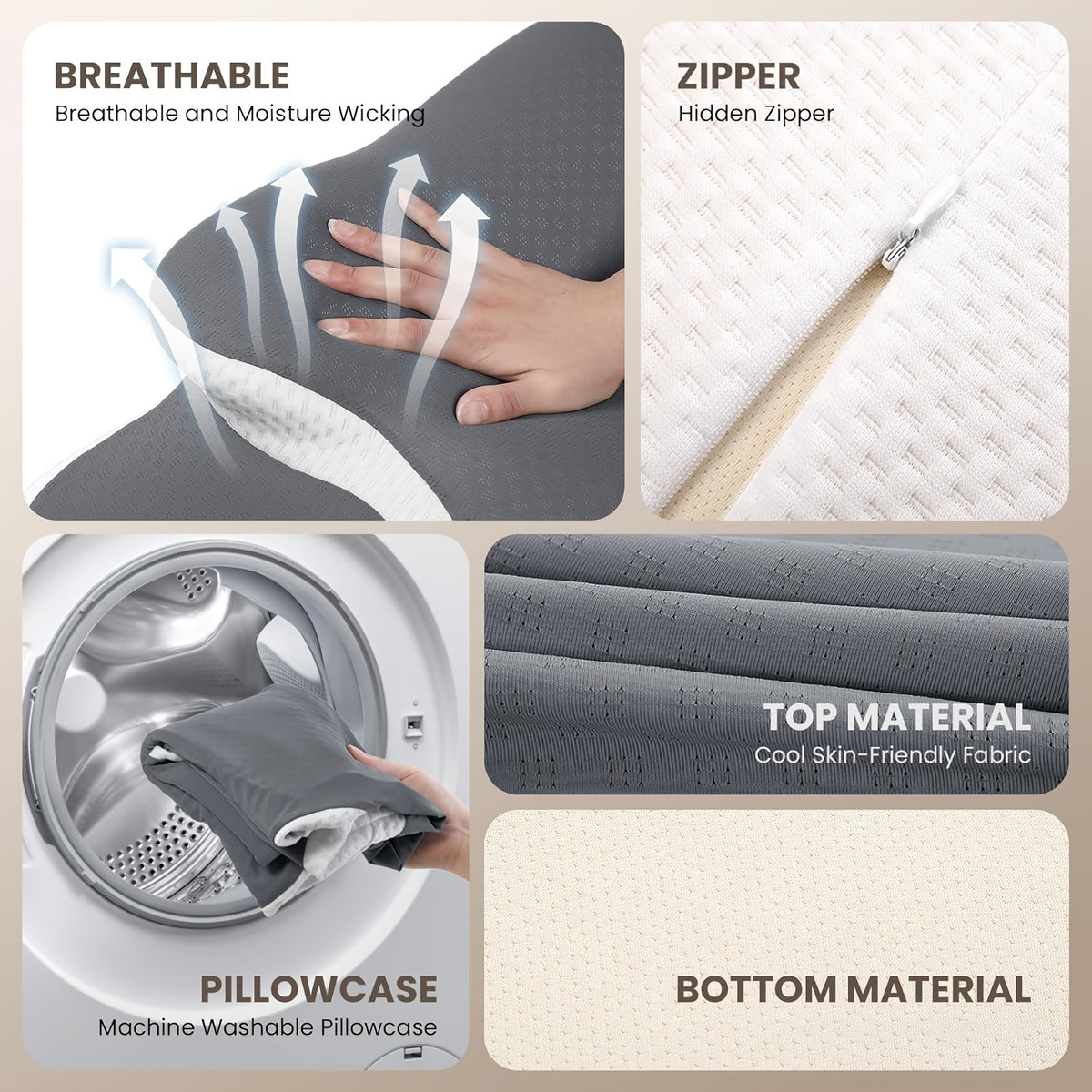 Ergonomic Cervical Memory Foam Pillow – Contour Support with Cooling Silk Cover | White & Gray