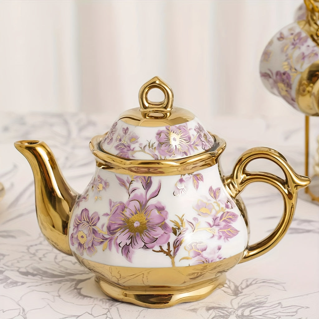20-Piece Floral Porcelain Tea Set with Metal Holder & Teapot - European Ceramic Espresso Cup and Saucer Set, 3.3oz Cups 15oz Teapot, Afternoon Tea Gift for Golden Pink Purple Flower