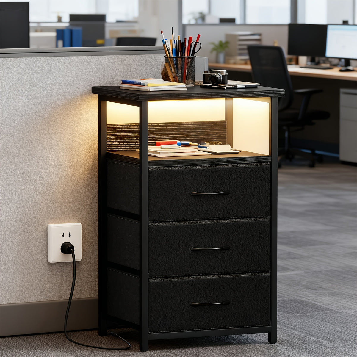 USB Charging Nightstand with 3 Drawers and Storage Shelf Side End Table Heavy Duty Night Stand for Bedroom Dorm Small Spaces USB Port and Power Outlet