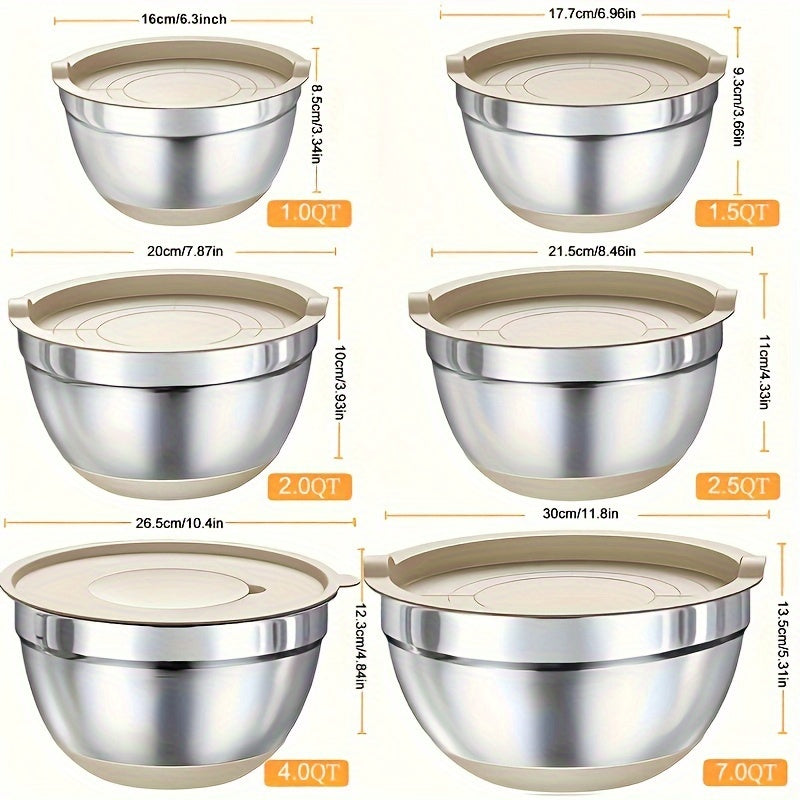 26-Piece Stainless Steel Mixing Bowl Set with Airtight Lids & 3 Grater Attachments - Non-Slip Bottoms | 6 Sizes: 1–7 QT