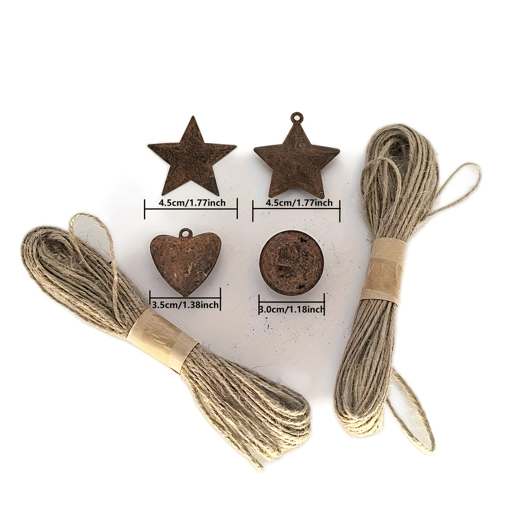 62-Piece Rustic Christmas Iron Bells Craft Kit – Vintage Heart, Star & Round Bells with Iron Stars & 2 Rolls of Rope for Christmas Tree, Wreath, Party & Home Decor DIY Crafts