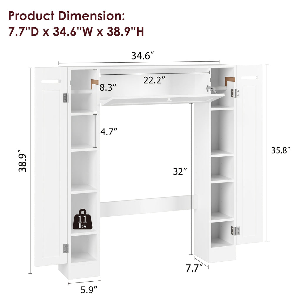 Over Toilet Storage Cabinet White Bathroom Cabinet with Toilet Paper Holder Adjustable Shelves Two Side Doors and Pull-Down Door Space Saving Bathroom Organizer