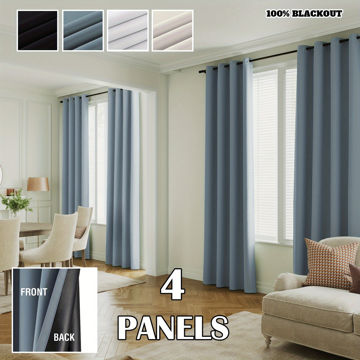 100% Blackout Window Curtains - 4 Panels, Full Light Blocking, Thermal Insulated Drapes with Black Liner | Soft Brushed Fabric