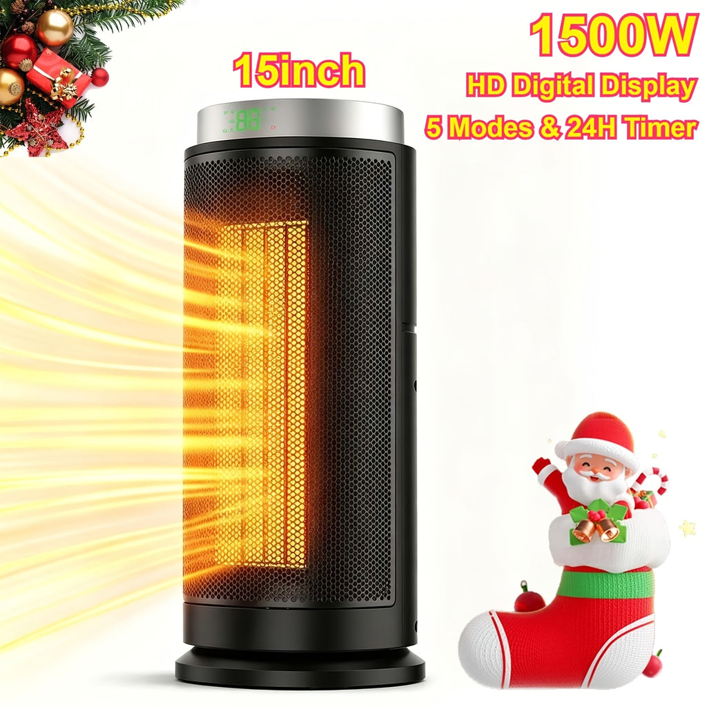 Space Heater Portable Ceramic Indoor with Thermostat 24H Timer 2-Second Fast Heat LED Display Rotary Switch HD 15-Inch Options Heating Fan Mode Home Office Dorm Room Small Heater
