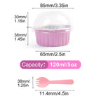 Aluminum Foil Cupcake Liners with Lids & Spoons - 50 Pack, 5oz Disposable Muffin Cups for Oven, Microwave & Air Fryer, Party Baking Cups for Christmas, Weddings & Birthdays, Pink & Grey