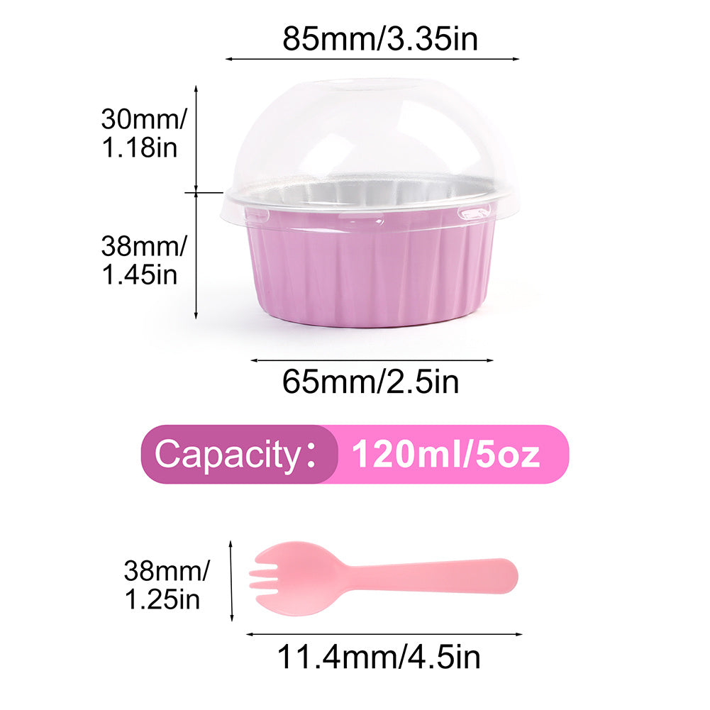 Aluminum Foil Cupcake Liners with Lids & Spoons - 50 Pack, 5oz Disposable Muffin Cups for Oven, Microwave & Air Fryer, Party Baking Cups for Christmas, Weddings & Birthdays, Pink & Grey