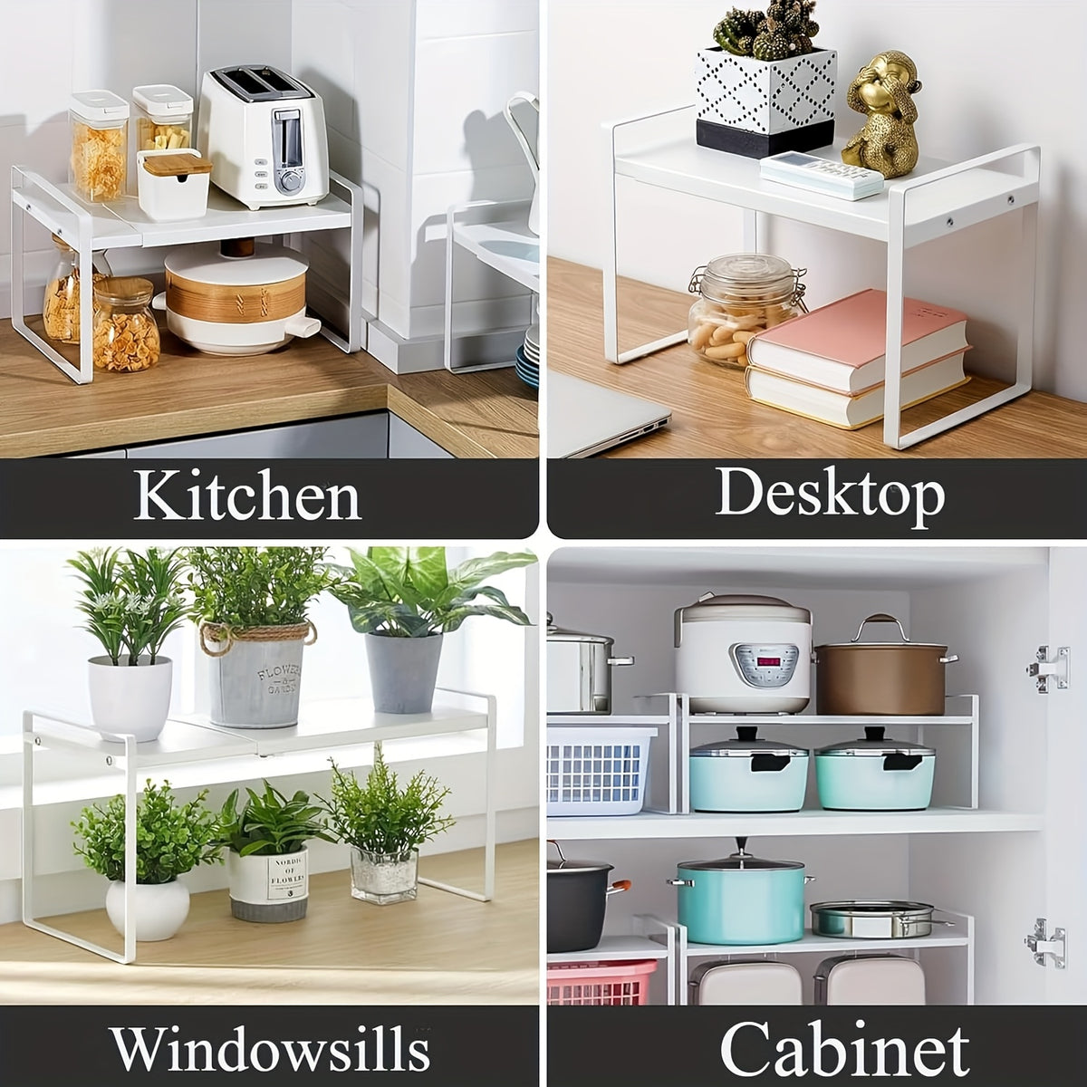 Expandable Cabinet Shelf Organizer Riser – Adjustable Height Kitchen Storage Rack for Pantry, Cupboard, Under Sink & Countertop | Heavy Duty Metal | Space Saver Stackable Shelf | Black & White