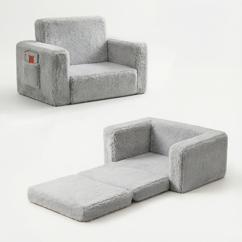 Kids Sofa Chair 2-in-1 Convertible Recliner – Soft Plush Velvet with Storage Pocket & Armrest Pockets, Folding Lounge Chair for Boys & Girls | Pink, Grey & White