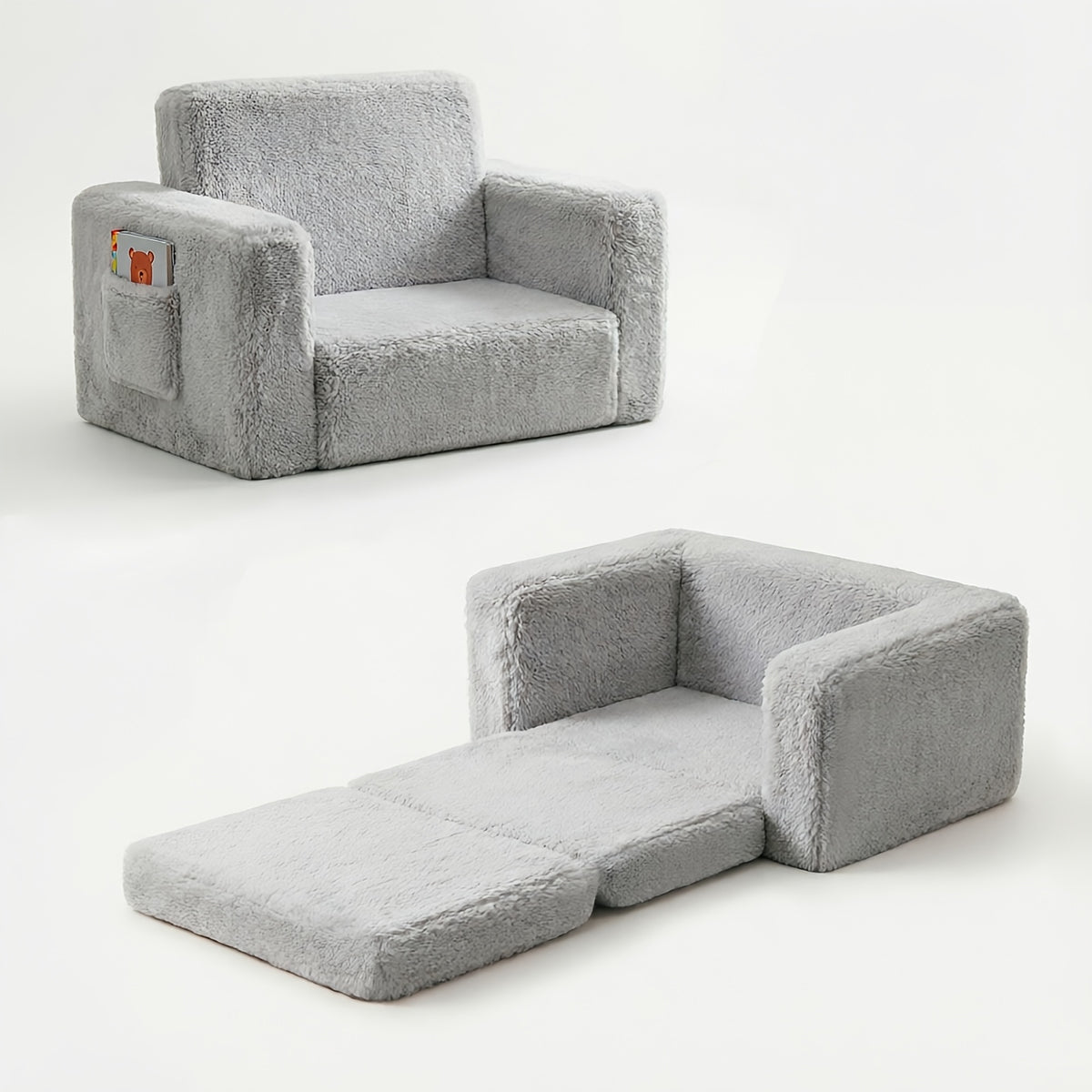 Kids Sofa Chair 2-in-1 Convertible Recliner – Soft Plush Velvet with Storage Pocket & Armrest Pockets, Folding Lounge Chair for Boys & Girls | Pink, Grey & White