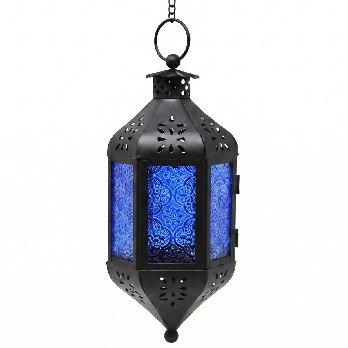 Moroccan Hanging Candle Lantern with Chain – Vintage Boho Style Iron & Glass Tealight Holder for Home, Patio, Garden, Wedding & Ramadan Decor (23.5" Overall)