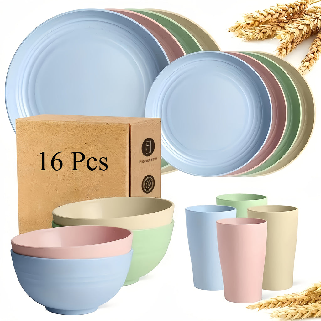 16 or 32pcs Wheat Straw Dinnerware Set Plates and Bowls Microwave Dishwasher Safe Durable Plastic Tableware for 8 – Party Gifts Multiple Colors