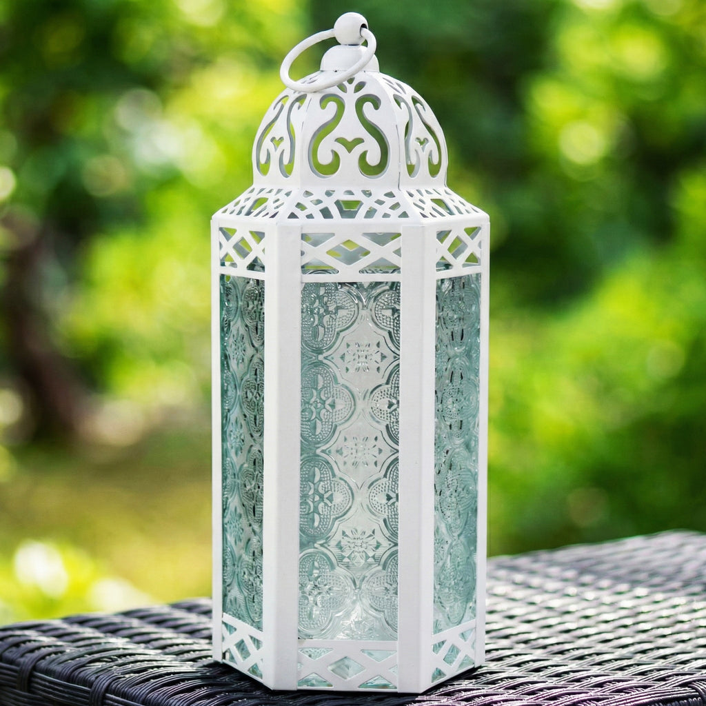 Moroccan Candle Lantern Holder Medium 10.5 Inch – Handcrafted Glass Iron Metal Lantern with Embossed Floral Panels, 17 Colors, Indoor Outdoor Use for Ramadan, Wedding, Patio, Diwali & Home Decor