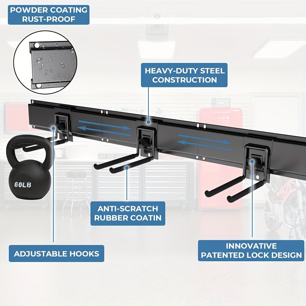 Wall Mount Garage Tool Organizer 48", Heavy Duty Steel Storage Rack with Swivel Lock Hooks, 420lbs Capacity, Holds Brooms, Shovels, Hoses & Garden Tools, Adjustable Pegboard Wall System for Garage & Shed