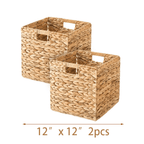 Water Hyacinth Wicker Storage Basket Set 2 or 4 Pack Square Woven Rattan Baskets for Shelves Towels Magazines Kitchen Organization Natural Boho Shelf Bin