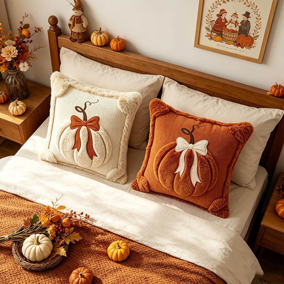 Plush Pumpkin Bow Pillow Covers Set of 2, 18x18 Inch Soft Seasonal Pillowcases for Thanksgiving, Halloween & Christmas – Decorative Throw Pillow Covers for Sofa Bed Home Decor, Beige & Caramel