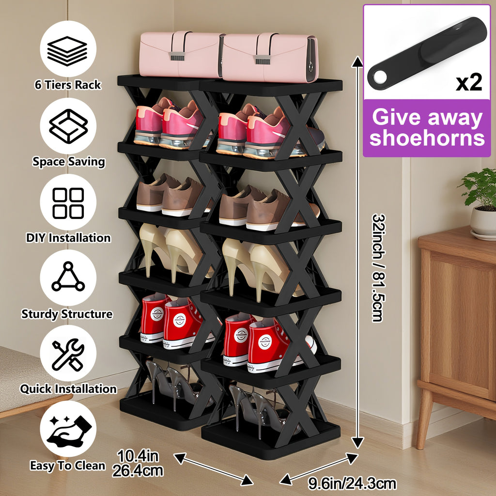 Stackable Shoe Rack Organizer 6 or 9 Tier – Plastic Vertical Shoe Shelf for Entryway, Hallway, Bedroom & Closet, Holds 6–9 Pairs, Easy Assembly, Black or White