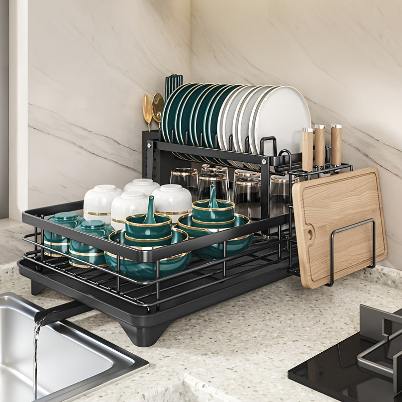2-Tier Dish Drying Rack with Drainboard – Large Carbon Steel Dish Drainer with Glass & Utensil Holders, Drying Mat, Rust-Resistant, for Kitchen Countertop – Foldable & Double Layer Options