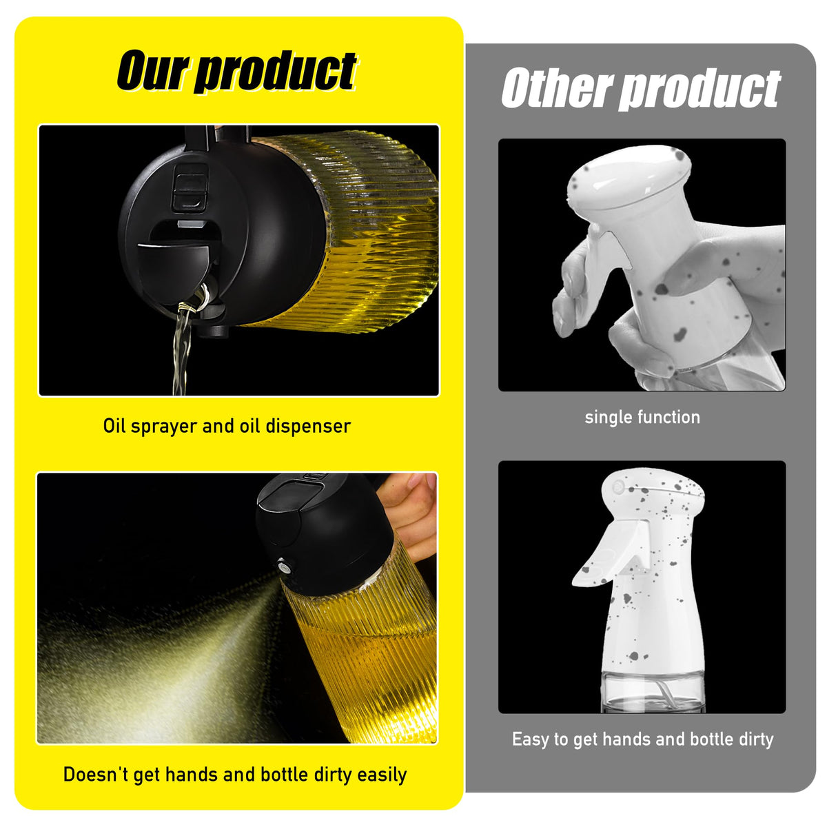 16oz Glass Oil Dispenser Bottle 2-in-1 Spray & Pour – Ribbed Olive Oil Sprayer for Kitchen Cooking, Refillable Glass Oil Spritzer with Leak-Proof Pourer, 1pc or 2pcs