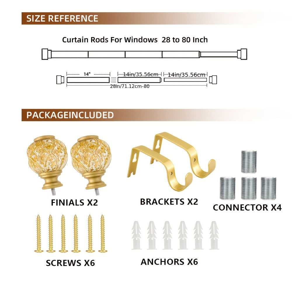Adjustable Curtain Rod Crystal & Gold Single Decorative Rod for Windows 28 to 122 Inch – Spliced Extension Design, 8 Size Options