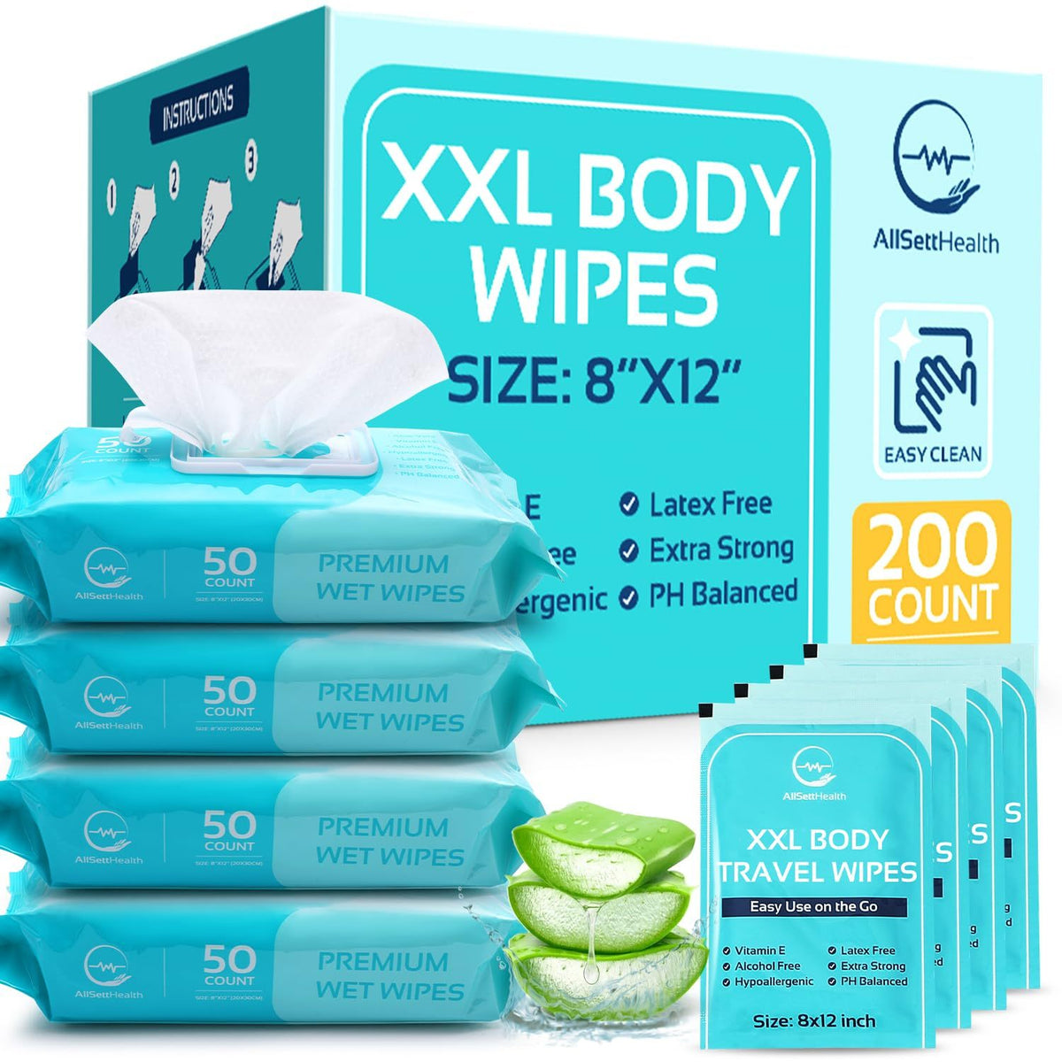 Extra Large No-Rinse Body Wipes for Adults 8x12 Inch 200 Count Disposable Washcloths Aloe Vera Vitamin E for Seniors Caregiving Travel Gym Camping Hypoallergenic
