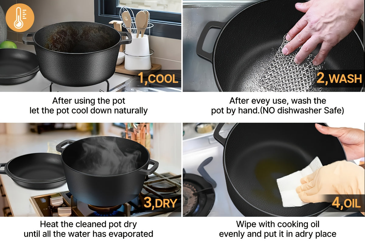 Pre-Seasoned Cast Iron Dutch Oven Set 2-in-1 with Lid, Scraper & Stand – Deep Pot for Camping, BBQ, Bread Baking & Stovetop Cooking