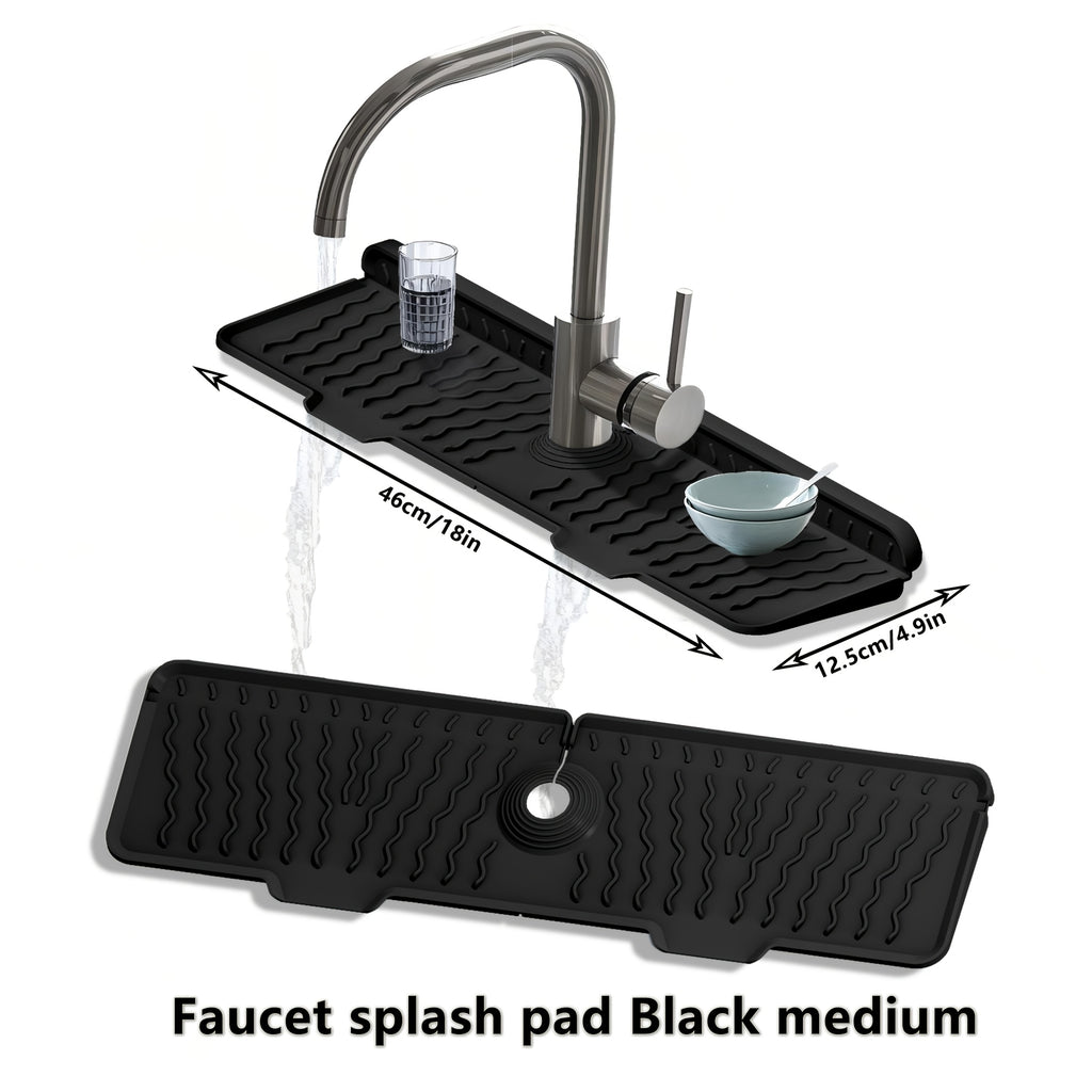 Silicone Sink Drying Mat & Faucet Splash Pad with Sponge Holder – Wave Pattern, 5° Drainage Slope, Heat-Resistant, 3 Sizes & 3 Colors for Kitchen & Bathroom Counter