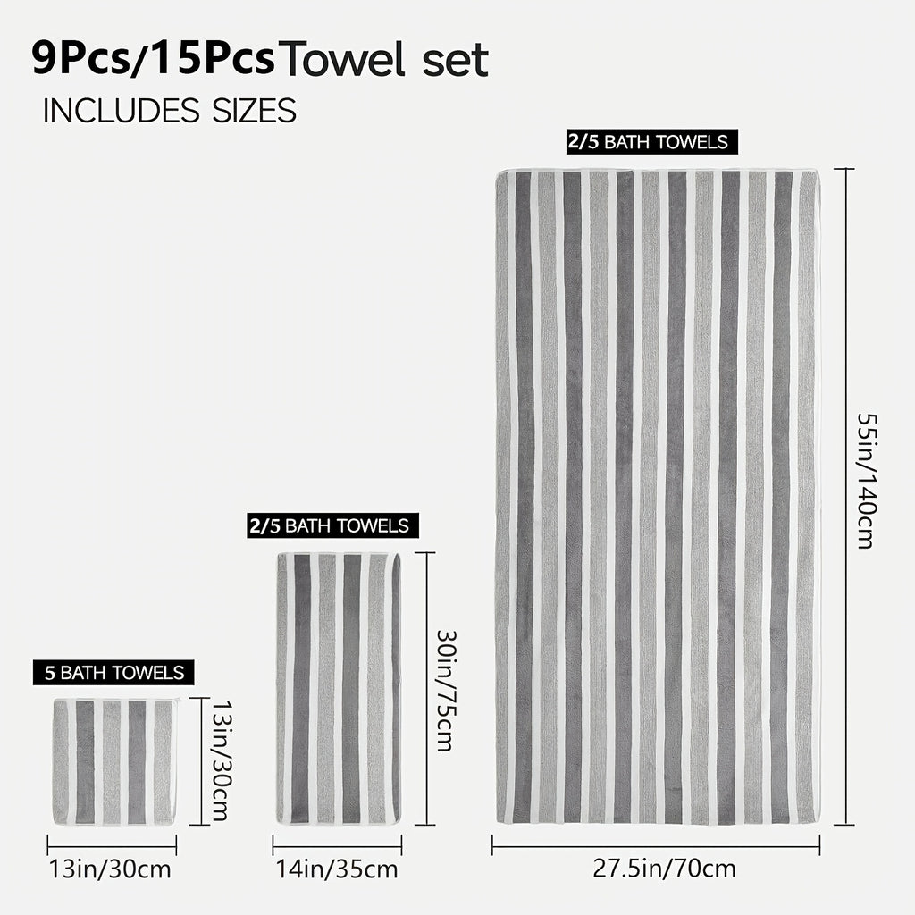 Classic Striped Bath Towel Set – 9 or 15 Piece No-Hair-Loss Super Absorbent Two-Color Towel Bundle | Large Bath Towels, Face Towels & Hand Towels for Bathroom & Beach