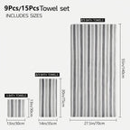 Classic Striped Bath Towel Set – 9 or 15 Piece No-Hair-Loss Super Absorbent Two-Color Towel Bundle | Large Bath Towels, Face Towels & Hand Towels for Bathroom & Beach