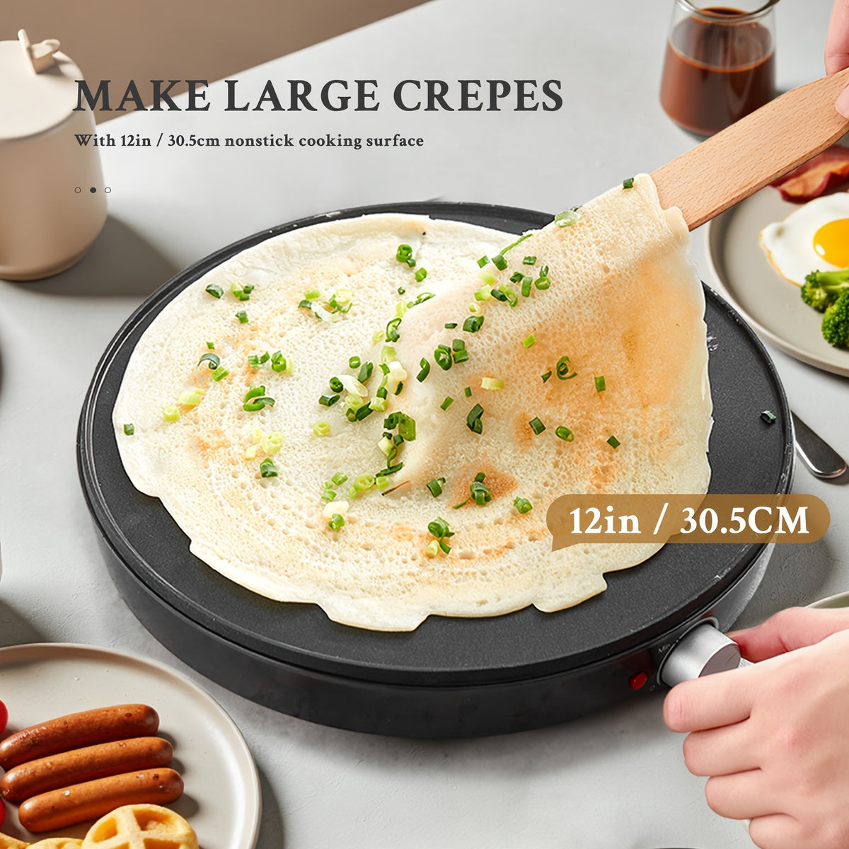 Electric Crepe Maker 12 Inch Nonstick Pancake Griddle 1000W with Precise Temperature Control - Includes Batter Spreader & Spatula for Crepes, Eggs, Omelets, Quesadillas, Hash Browns - Home Kitchen