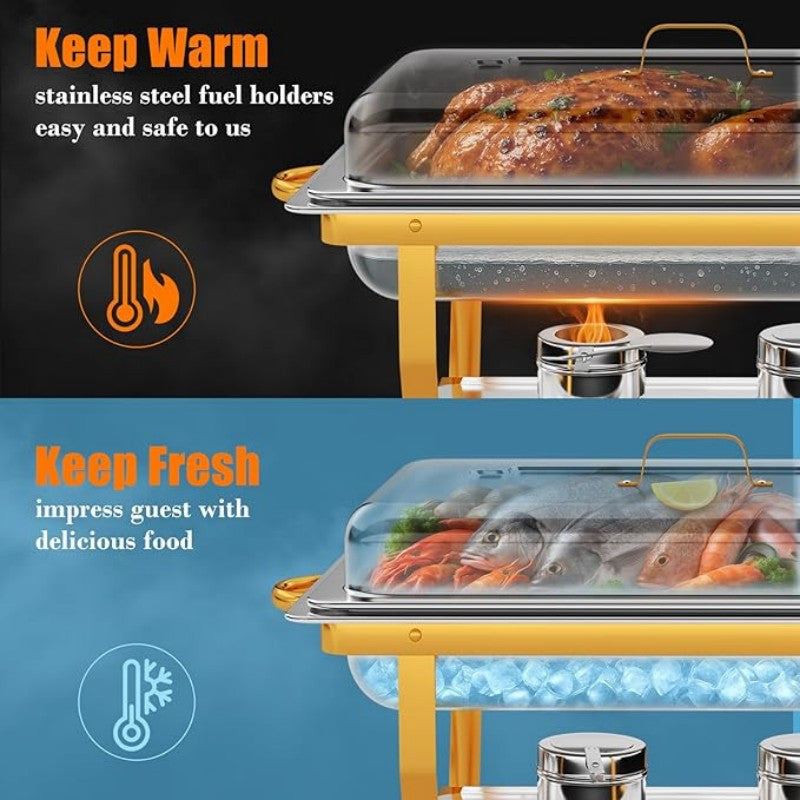 Golden Chafing Dish Buffet Set 9QT Stainless Steel Chafer with Full-Size Pans – Elegant Gold & Silver Finish Food Warmer for Weddings, Parties, Banquets & Catering Events (2 or 4 Pack)