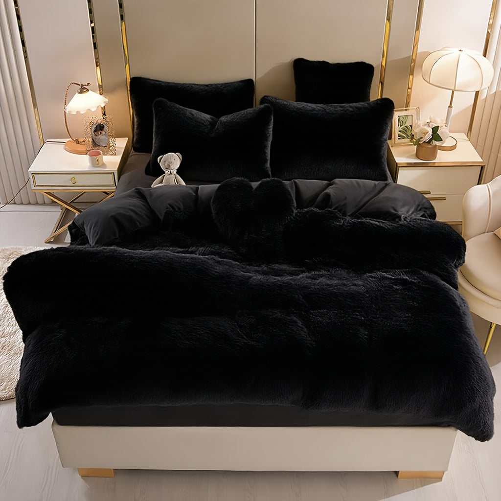 Luxury Fluffy Plush Bedding Set – Soft Duvet Cover, Pillowcases & Throw Pillow, Queen/King, All-Season