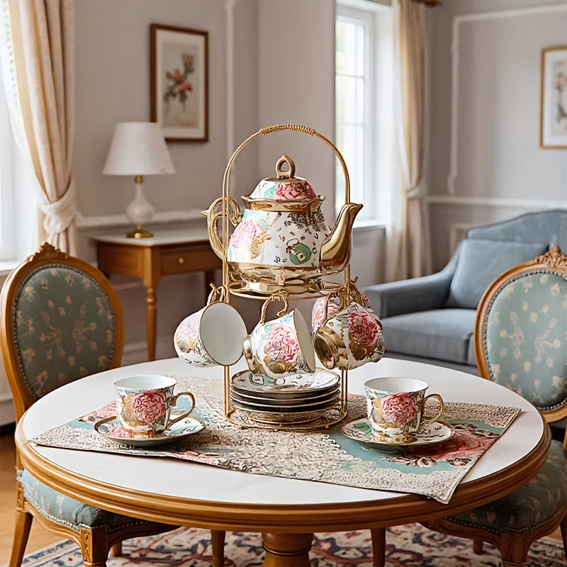 20 Piece Ceramic Tea Set Floral Design – European Afternoon Tea Service with Teapot, Cups, Saucers & Metal Stand – Blooming Style, Gift for Tea Lovers