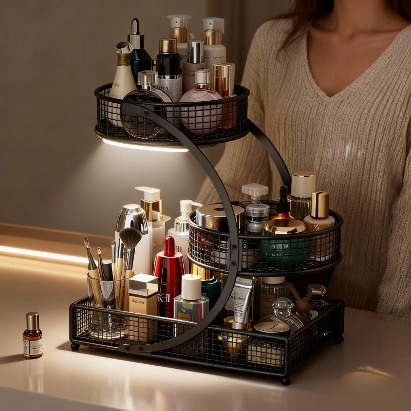 Lacquered Metal Cosmetic Storage Organizer, 1, 2 & 3-Tier Rust-Proof Welded Basket, Space-Saving Vanity Organizer for Lipstick, Perfume & Skincare — Black & White, Ideal Beauty Gift