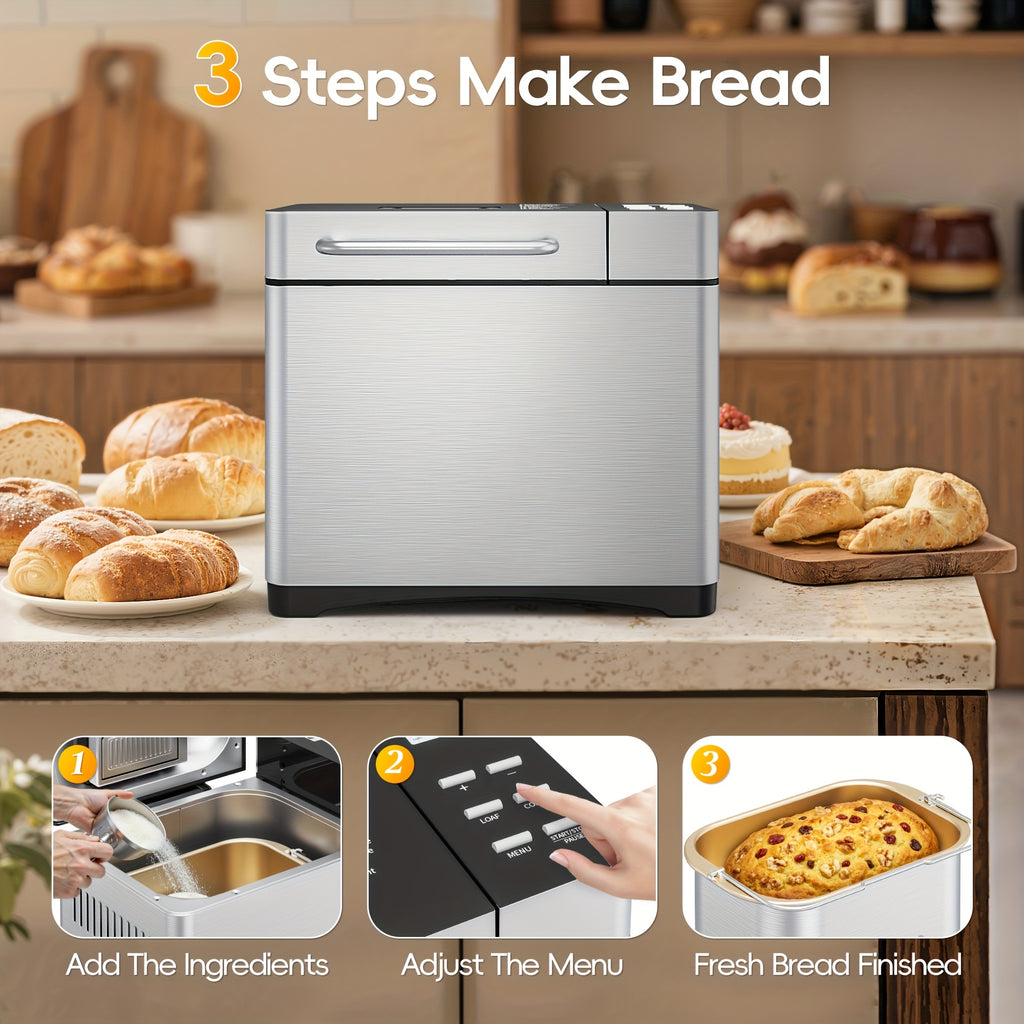 Bread Maker Machine 19-in-1 with Auto Nut & Fruit Dispenser, Ceramic Non-Stick Pan, Clear Viewing Window, 15-Hour Timer – Up to 2 LB Loaf