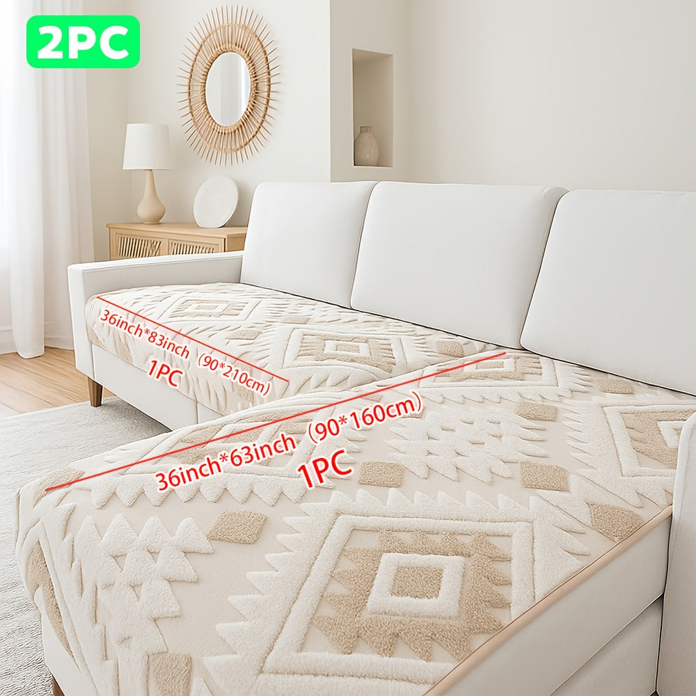 Bohemian Jacquard Sofa Cover Set 2pcs - Plush Thick Non-Slip L-Shaped Geometric Pattern Pet-Friendly All-Season Sofa Protector Machine Washable for Sectional Couches and Loveseats