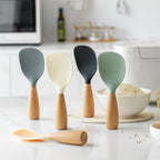 Silicone Rice Spoon with Wooden Handle 2 Pack Heat Resistant Standing Serving Spatula for Nonstick Pans Rice Cooker Grains Potato Orange White Green Gray Black