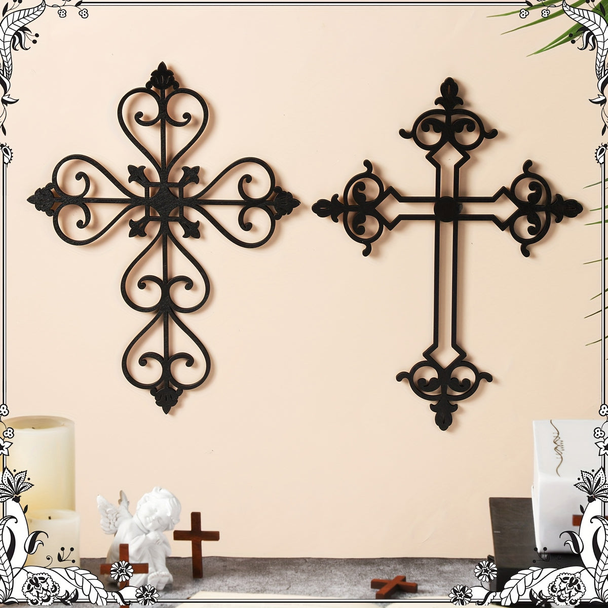 Wooden Cross Wall Decor 6pcs, Vintage Hand Carved Decorative Wall Crosses 12x8 Inch for Living Room, Bedroom & Home Decor, Catholic Crucifix Wall Hanging Set, Rustic Religious Wall Art