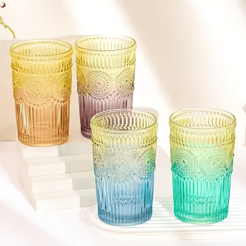Retro Colored Whiskey Glasses Set of 6 – 14oz Embossed Colorful Tumblers for Whiskey, Cocktails, Juice, Water & Beer – Vintage Muted Glass Drinkware