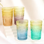 Retro Colored Whiskey Glasses Set of 6 – 14oz Embossed Colorful Tumblers for Whiskey, Cocktails, Juice, Water & Beer – Vintage Muted Glass Drinkware
