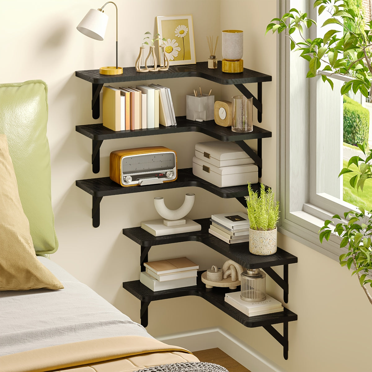 Corner Floating Wall Shelves 5 or 6-Pack – Rustic Heavy Duty Wall Mounted Corner Shelf Set for Bedroom, Living Room, Bathroom, Kitchen & Office Decor, Multiple Colors Available