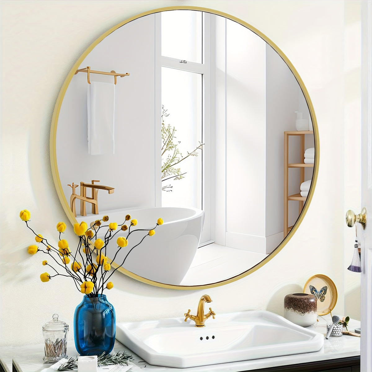 Round Metal Wall Mirror Matte Black & Gold Frame Modern Decorative Circle Mirror for Entryway Bathroom Living Room Bedroom Vanity Wall Decor Multiple Sizes