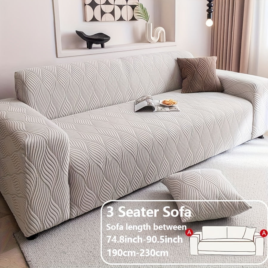 Jacquard Elastic Sofa Cover – Modern Artistic Slip-Resistant Couch Slipcover | All-Season Polar Fleece Furniture Protector for Living Room, Office & Bedroom | Includes Free Pillow Cover | 1-4 Seater